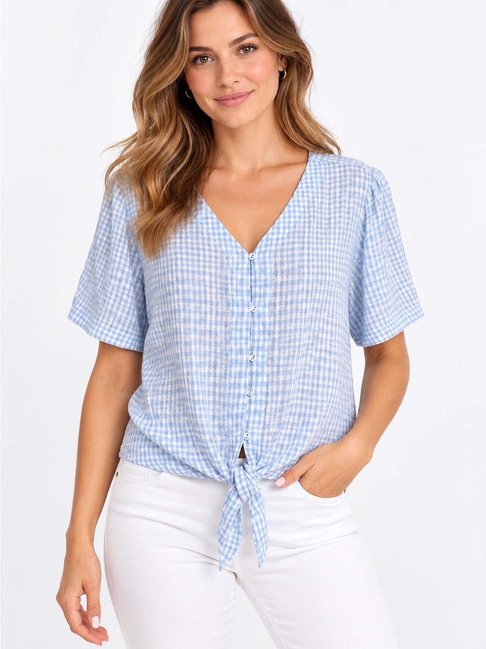 Jane and Delancey Light Blue Gingham Tie-Front Button-Up Shirt medium